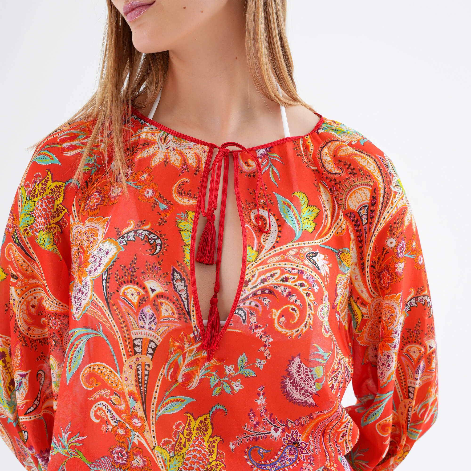 Etro - Orange Paisley Semi Sheer Boat Neck Blouse IT42